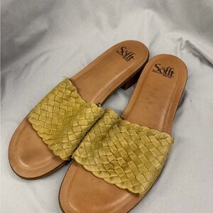 Women's Tan and Yellow Woven leather Slide Sandals